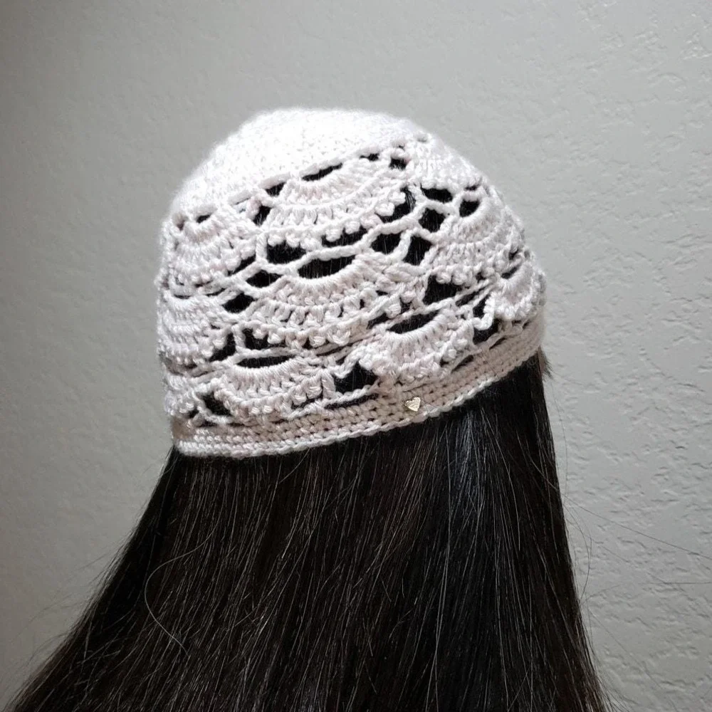 Handmade Crochet Chain Mesh Beanie Knit Cottage Mystic Fairy Lacy Coquette Pink